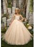 Ivory Lace Champagne Tulle Floor Length Flower Girl Dress